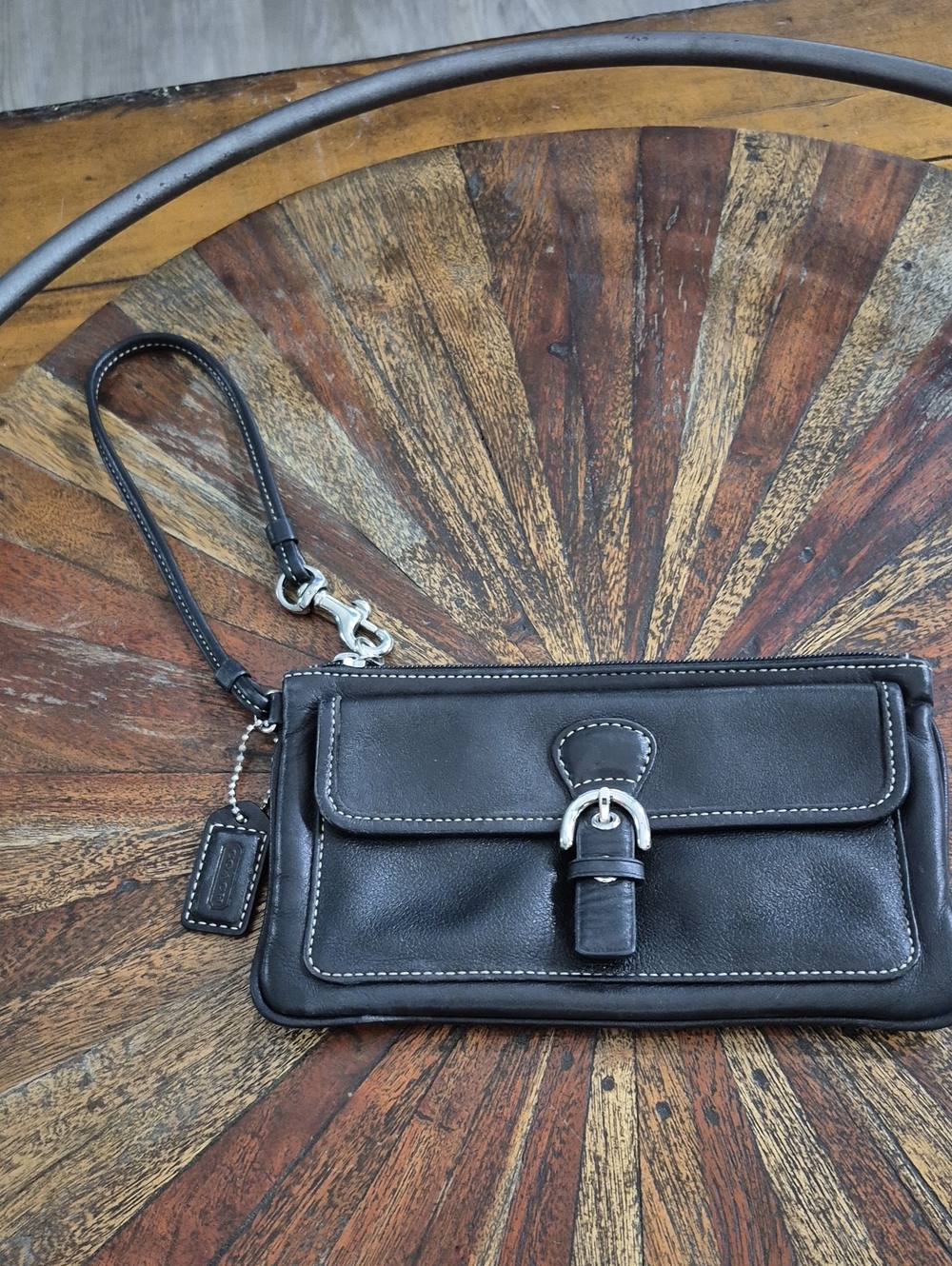 Vintage Coach Black Leather Wristlet Clutch with Contrast Stitching